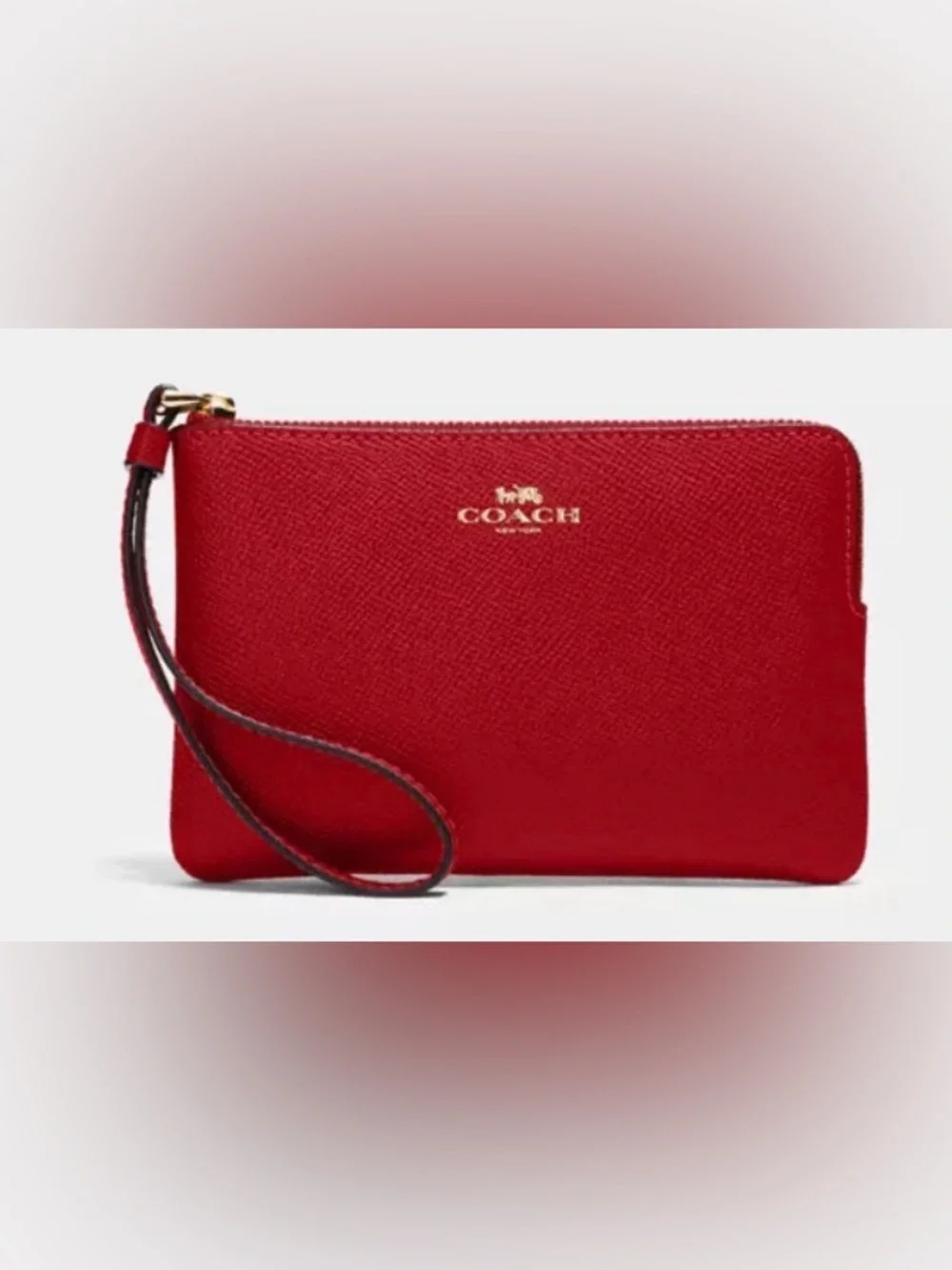 Coach Corner Zip Wristlet in red crossgrain leather with gold-tone hardware like